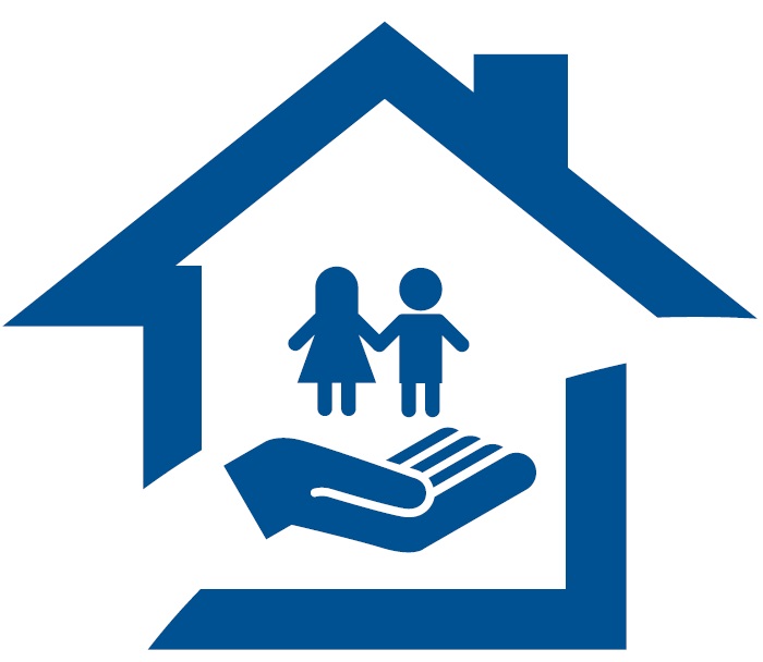 Umriss eines Hauses, in dem die Piktogramme zweier Kinder von einer großen Hand getragen werden.