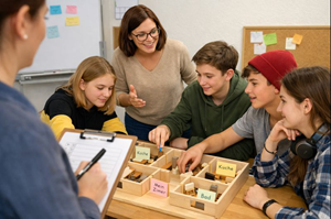 Vier Jugendliche arbeiten an einem Modell einer Wohnung, angeleitet von einer Lehrkraft. Die Szene wird von einer weiteren Person mit Klemmbrett beobachtet.