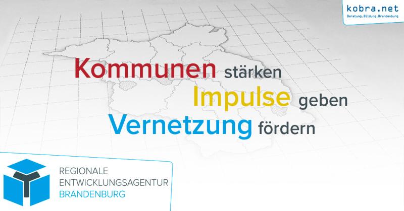 Brandenburgkarte mit dem Slogan "Kommunen stärken, Impulse geben, Vernetzung fördern"