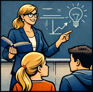 Lehrkraft zeigt Schülern an der Tafel Informationen