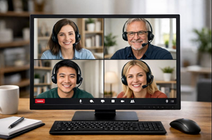 Bilder mehrerer Personen mit Headsets auf einem Montor